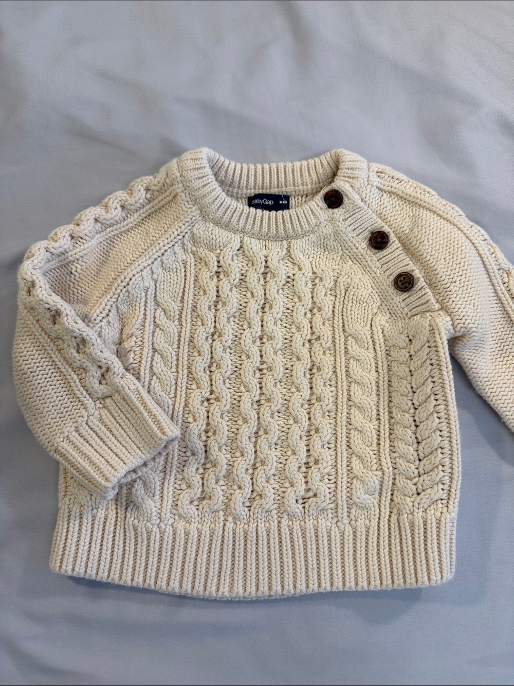 GAP Cream Cable Crew Sweater with Button Shoulder